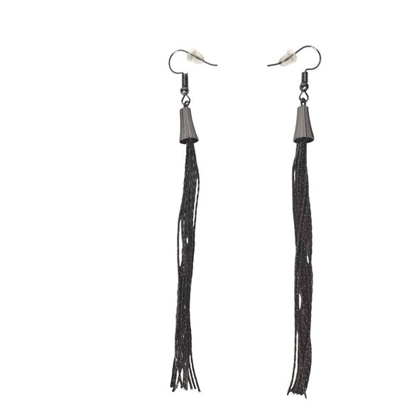 Black Dangle Tassel Earrings Long Drop Thread Fringe Fashion Jewelry Lightweight - Picture 1 of 2